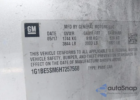 2017 Chevrolet Cruze Lt Auto z USA, uszkodzony, nr VIN 1G1BE5SM6H7257568